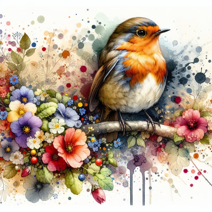 Vibrant Watercolour Robin Among Enchanting Flowers