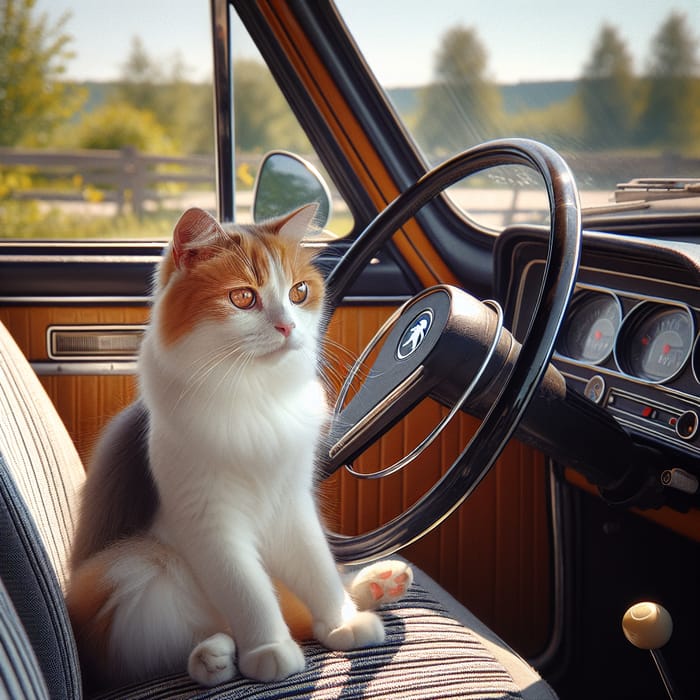 Cat Driving Peugeot 504 - Vintage Style