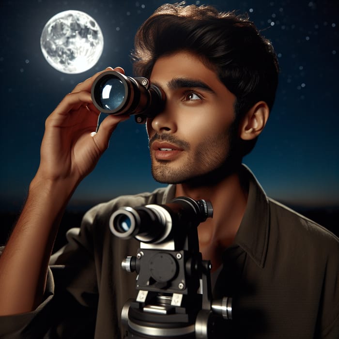 Optometric Device for Perfect Moon Vision: South Asian Man Enthralled
