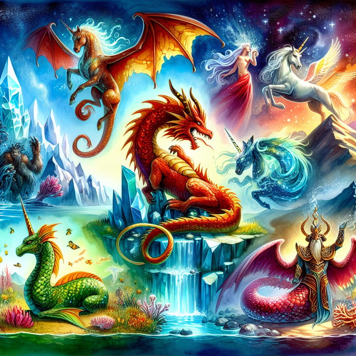 Mythical Creatures Watercolor Painting - Dragon, Mermaid, Unicorn & More