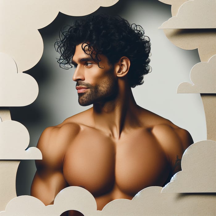 Muscular Man with Curly Hair Surrounded by Cut-out Clouds