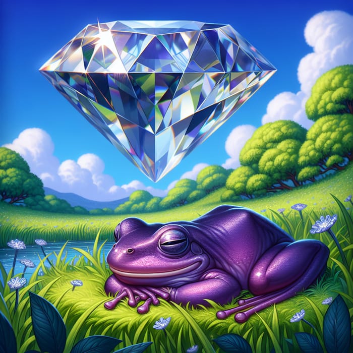 Purple Frog in Green Field with Gleaming Diamond