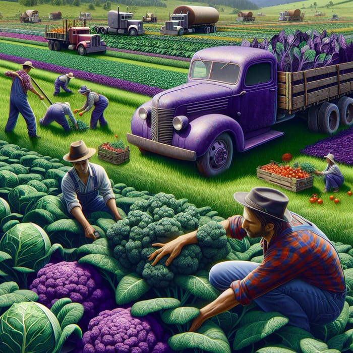 Diverse Eco-Friendly Farming: Green & Purple Crops Harvested by Trucker