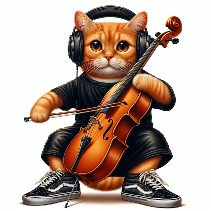 Orange Cat Playing Cello with Headphones | Unique Musical Feline in Black and White Outfit
