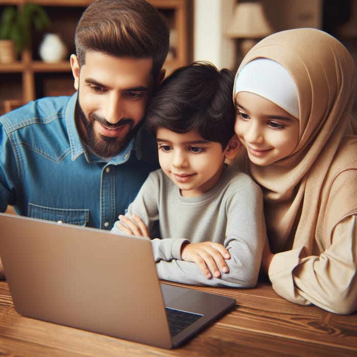 Heartwarming Family Learning Session with Laptop - Father, Son, and Daughter Bonding