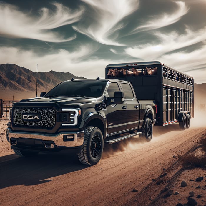 Black Pickup Truck in Desert With Livestock Trailer