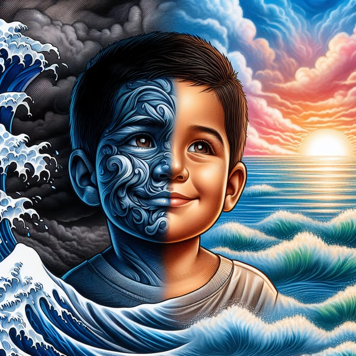 Hispanic Little Boy with Happy and Sad Expressions in Stormy Sea and Sunrise Scene