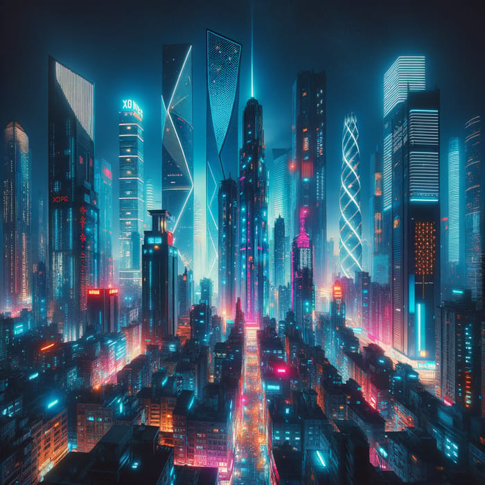 Neon-lit Cyberpunk Cityscape: Dystopian Night Skyscrapers