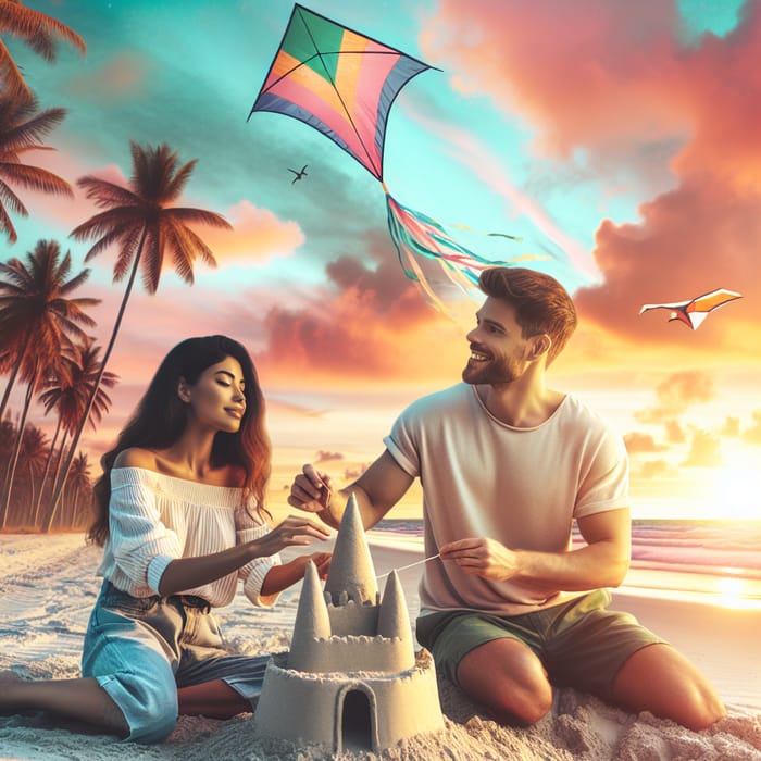 Loving Couple on Beach: Building Sandcastle & Flying Kite | Beach Fun