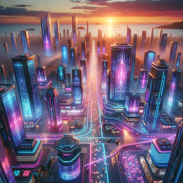 Neon Cyberpunk Cityscape at Sunset - A Futuristic Aerial View