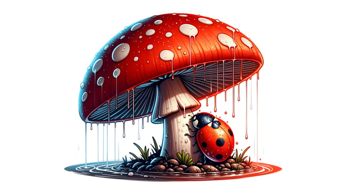 Tiny Ladybug Sheltered by Red Mushroom - Enchanting Artwork