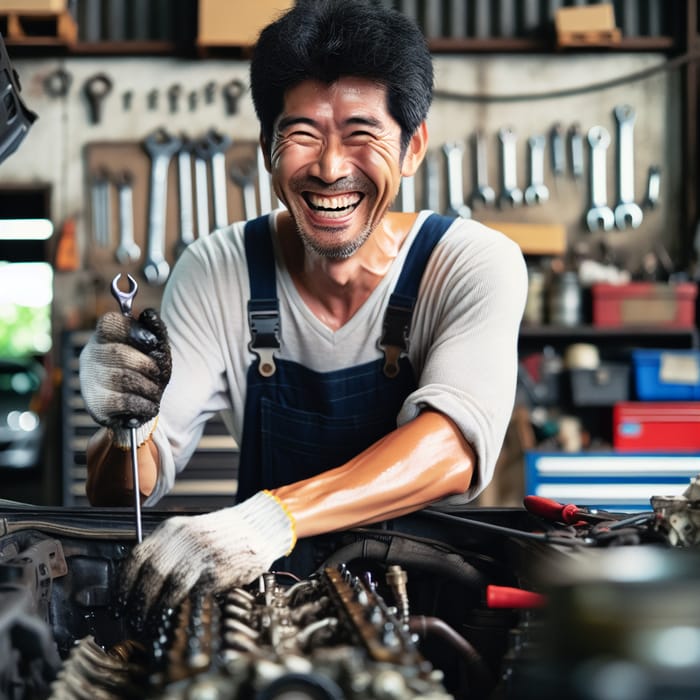 Jovial Asian Male in Busy Car Workshop | Skilled Auto Mechanic