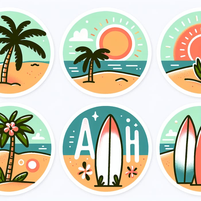 Round Beach Sticker with Ahoi Design | Tropical Palms & Surfboard