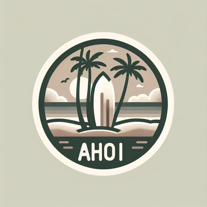 Simplistic Round Beach Sticker with Palms and Surfboard