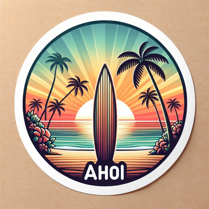 Circular Beach Scene Sticker | Palm Trees & Surfboard