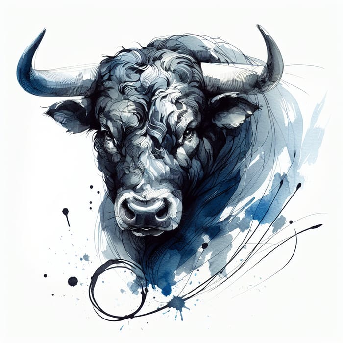Colorful Watercolor Painting of a Strong Bull with Detailed Contour Lines