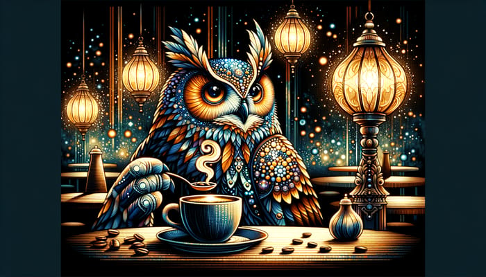 Enchanting Owl Enjoying Coffee - Sparkling Café Ambiance