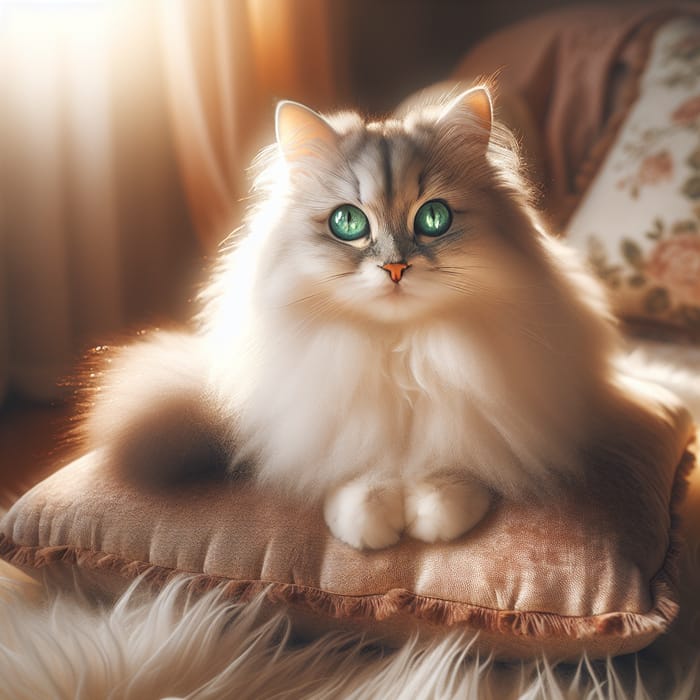 Elegant Fluffy Domestic Cat on Plush Cushion