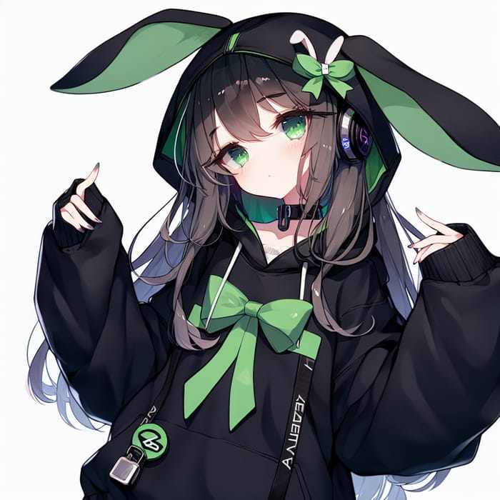 Anime-Style Girl in Black Sweatshirt with Green Rabbit Ears