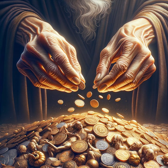 Elderly Woman's Weathered Hands Drop Coins in Opulent Treasury