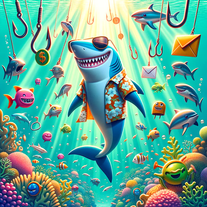 Vibrant Underwater Scene: Shark's Bold Escape from Phishing Tricks