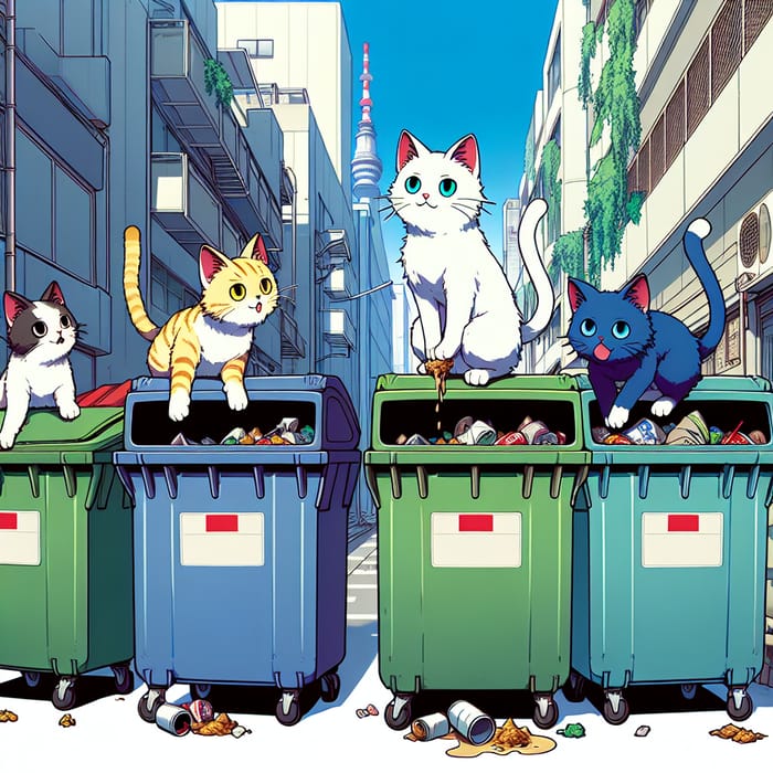 Colorful Anime Cats Roaming City Streets in Mischievous Adventure