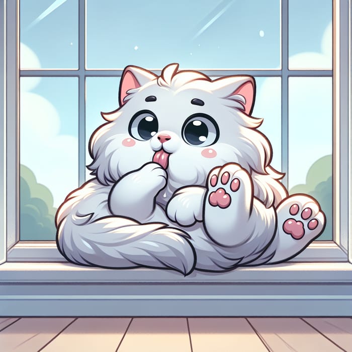Cute White Furry Cartoon Cat Grooming in Bay Window
