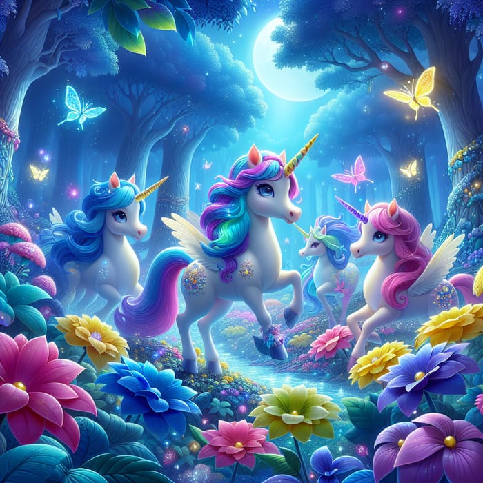Colorful Cartoon Unicorns in Ethereal Forest