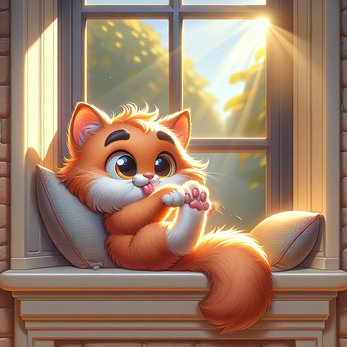 Cute Orange Cartoon Cat Grooming in a Bay Window