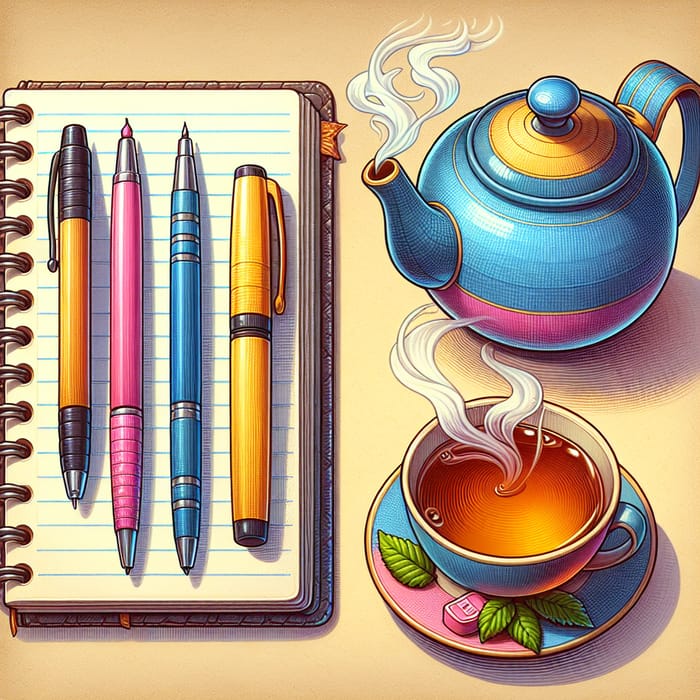 Spiral Journal with Writing Pens, Tea Set, and Steamy Tea Cup