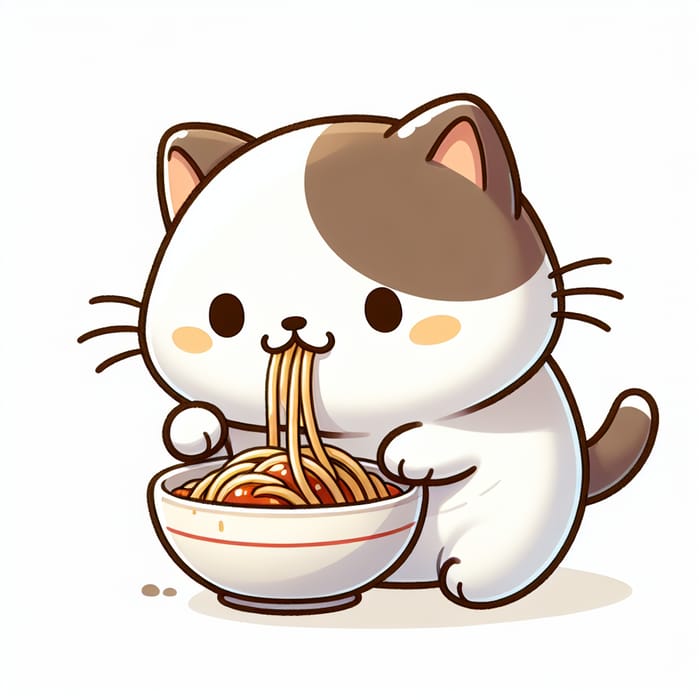Cute White and Brown Cartoon Cat Eating Spaghetti
