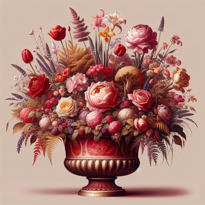 Elegant Red & Gold Vase with Diverse Flowers & Plants