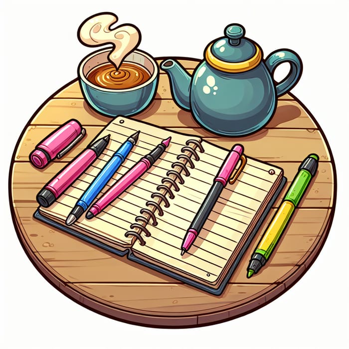 Colorful Writing Tools and Tea Set on Round Table Journal Scene