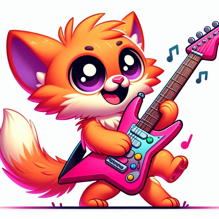 Orange Cartoon Cat Playing Pink Electric Guitar - Fun Cat Guitarist!