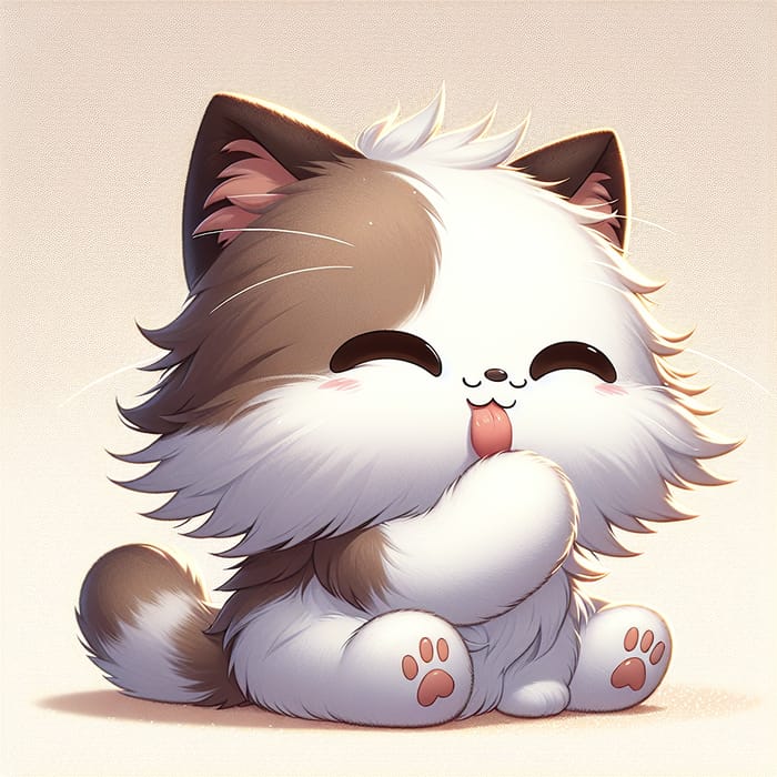 Adorable White and Brown Cartoon Cat Licking Paw
