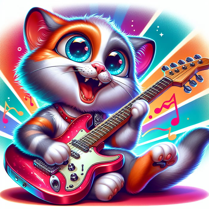 Playful Cartoon Cat Rocking an Electric Guitar