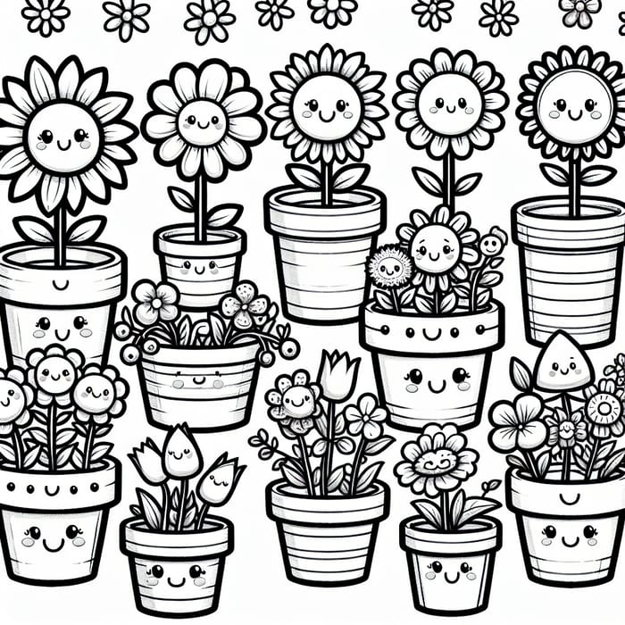 Coloring Book: Smiling Flowers & Cute Flower Pots