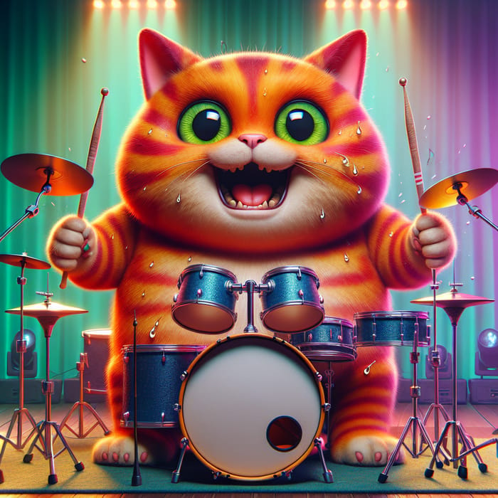 Vibrant Orange Cartoon Cat Playing Drums Behind Colorful Drum Kit