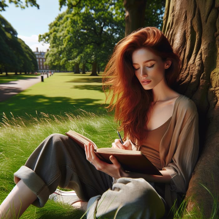 Tranquil Woman with Auburn Hair Journaling in Park