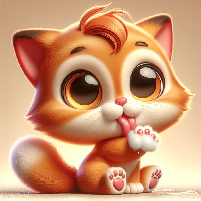 Cute Orange Furry Cartoon Cat Licking Paw