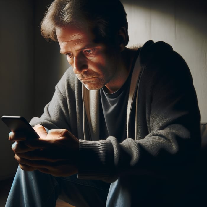 Sad Man Scrolling Phone Alone