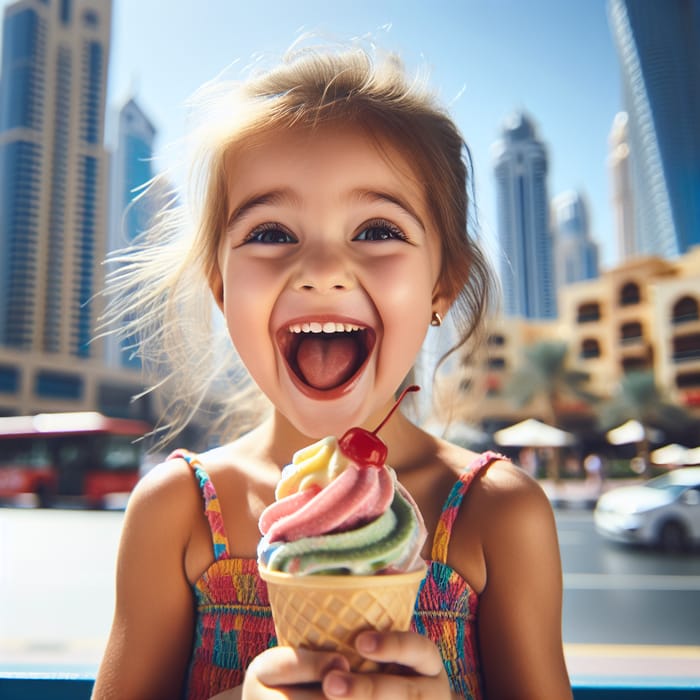 Happy 6-Year-Old Girl Eating Ice Cream in Dubai | Joyful Treat