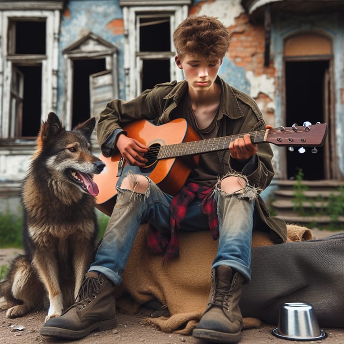 Homeless Boy with Dog and Guitar by a Ruined House