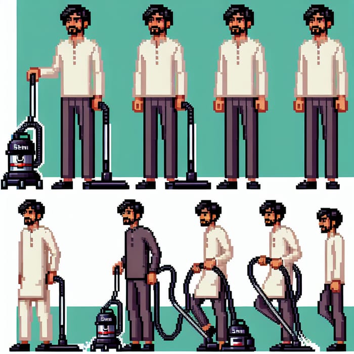 Pixel Art Vacuum Cleaner Character Sheet of South Asian Man