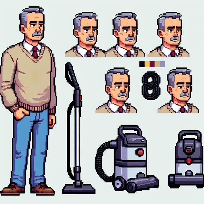 Pixel Art Character Sheet: Middle-Aged Man with Vacuum Cleaner Poses