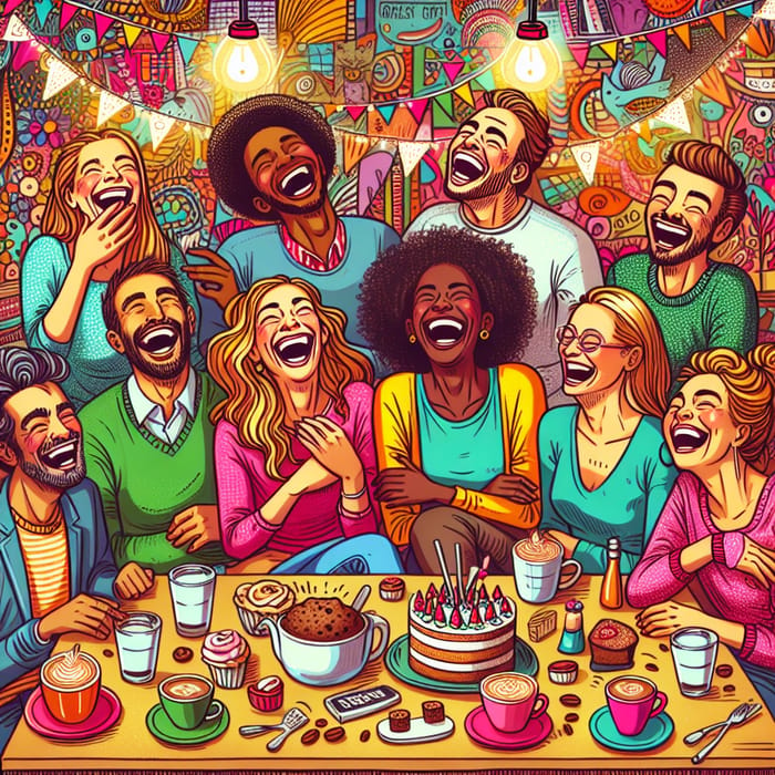 Colorful Group Laughter - Joyful Café Scene