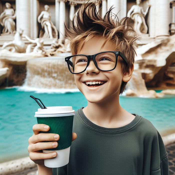 Caucasian Boy Enjoying Coffee at Trevi Fountain