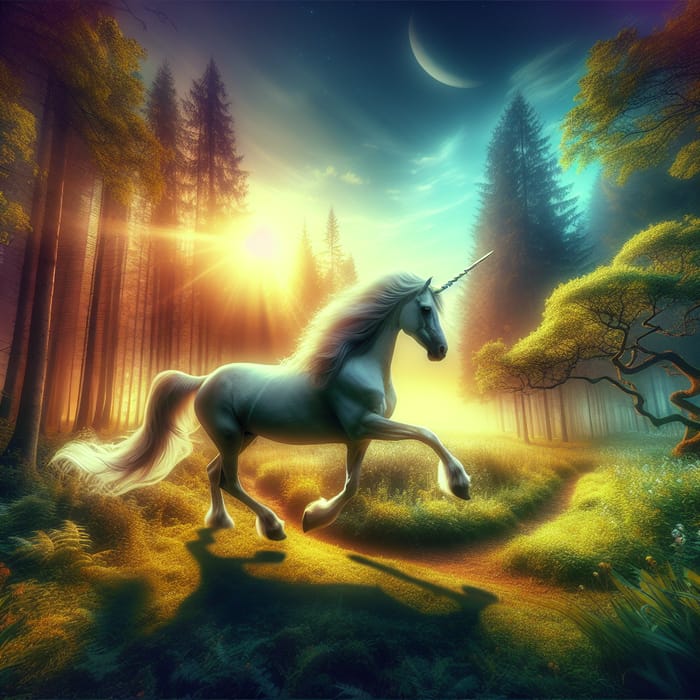 Vibrant Mystical Forest Unicorn Prancing Through Sunlit Clearing