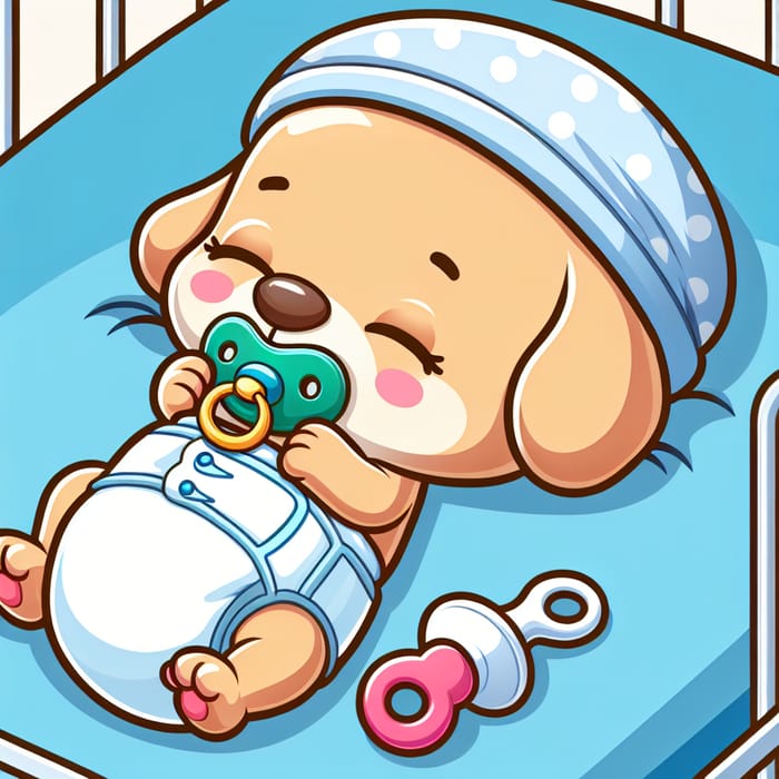 Cute Newborn Puppy Cartoon Animation Sleeping with Pacifier in Baby Crib