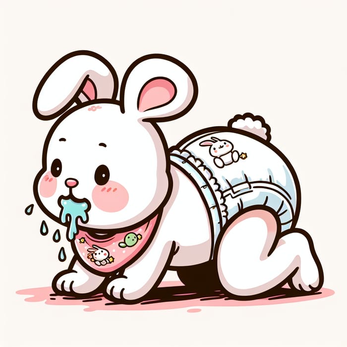 Cute Baby Bunny in Diapers Crawling with Baby Bibs and Cartoon Bodysuit